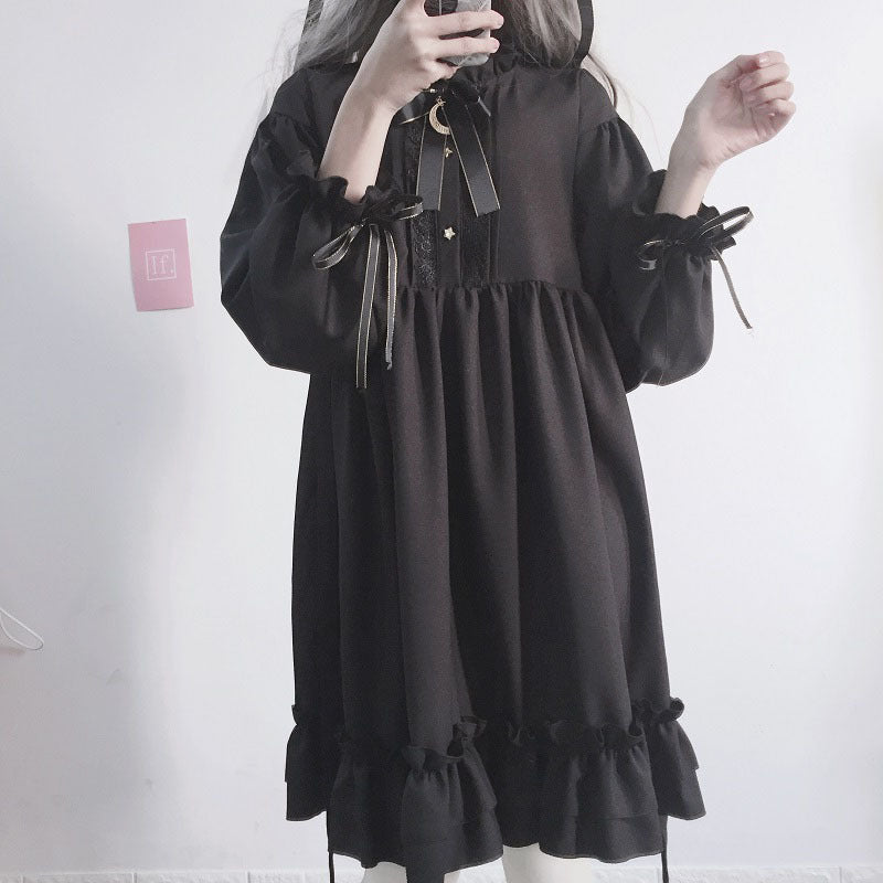 Gothic Lolita Harajuku Style Clothing Autumn and Winter Lolita Bow Lacing Chiffon Dress