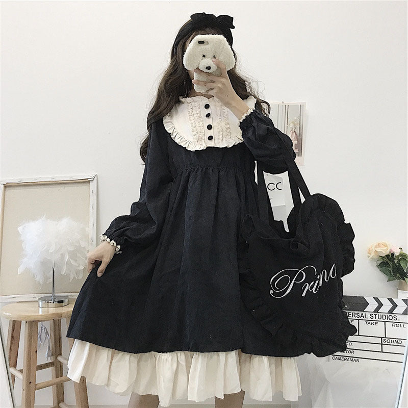 Gothic Lolita Harajuku Style Clothing Autumn and Winter Lolita Black and White Stitching Op Dress
