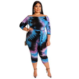 Women Plus Size Jumpsuits Off-Shoulder Tie-Dyed Printed Tight Sexy Jumpsuit with Belt