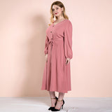 Women Plus Size Maxi Dresses Autumn Pink Button Casual Long Sleeve Dress