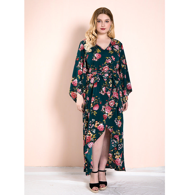 Women Plus Size Maxi Dresses Vintage Print Irregular Vacation Casual Dress Female