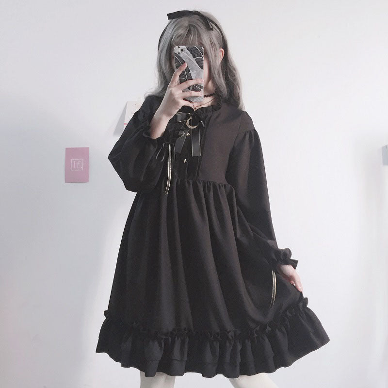 Gothic Lolita Harajuku Style Clothing Autumn and Winter Lolita Bow Lacing Chiffon Dress