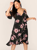 Women plus Size Dresses off-the-Shoulder Short Sleeve Printed Irregular Dress