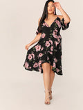 Women plus Size Dresses off-the-Shoulder Short Sleeve Printed Irregular Dress