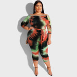 Women Plus Size Jumpsuits Off-Shoulder Tie-Dyed Printed Tight Sexy Jumpsuit with Belt