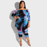 Women Plus Size Jumpsuits Off-Shoulder Tie-Dyed Printed Tight Sexy Jumpsuit with Belt