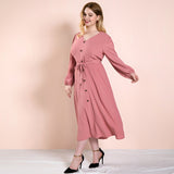 Women Plus Size Maxi Dresses Autumn Pink Button Casual Long Sleeve Dress