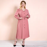 Women Plus Size Maxi Dresses Autumn Pink Button Casual Long Sleeve Dress