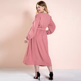 Women Plus Size Maxi Dresses Autumn Pink Button Casual Long Sleeve Dress