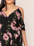 Women plus Size Dresses off-the-Shoulder Short Sleeve Printed Irregular Dress