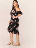 Women plus Size Dresses off-the-Shoulder Short Sleeve Printed Irregular Dress