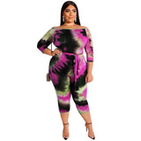 Women Plus Size Jumpsuits Off-Shoulder Tie-Dyed Printed Tight Sexy Jumpsuit with Belt