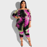 Women Plus Size Jumpsuits Off-Shoulder Tie-Dyed Printed Tight Sexy Jumpsuit with Belt