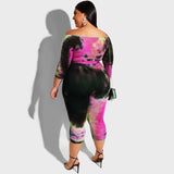 Women Plus Size Jumpsuits Off-Shoulder Tie-Dyed Printed Tight Sexy Jumpsuit with Belt