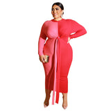 Women Plus Size Midi Dresses Color Matching Color Contrast Tight Bodycon Sexy Lace-up Long Dress