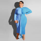 Women Plus Size Midi Dresses Color Matching Color Contrast Tight Bodycon Sexy Lace-up Long Dress