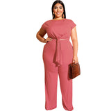 Women Plus Size Co-Ords Fashion Casual Straight Pants Lace-up T-shirt Two-Piece Set