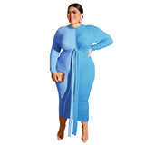 Women Plus Size Midi Dresses Color Matching Color Contrast Tight Bodycon Sexy Lace-up Long Dress