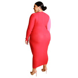 Women Plus Size Midi Dresses Color Matching Color Contrast Tight Bodycon Sexy Lace-up Long Dress