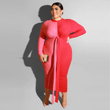 Women Plus Size Midi Dresses Color Matching Color Contrast Tight Bodycon Sexy Lace-up Long Dress