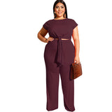 Women Plus Size Co-Ords Fashion Casual Straight Pants Lace-up T-shirt Two-Piece Set