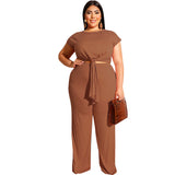 Women Plus Size Co-Ords Fashion Casual Straight Pants Lace-up T-shirt Two-Piece Set