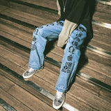 Anime Print Jeans Denim Pants Distressed Jean Straight-Leg Denim Autumn Ripped Denim Trousers