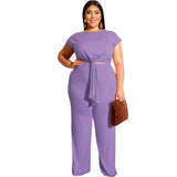 Women Plus Size Co-Ords Fashion Casual Straight Pants Lace-up T-shirt Two-Piece Set