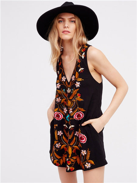 Ethnic Style Color Embroidered Sleeveless V-neck Embroidered Dress