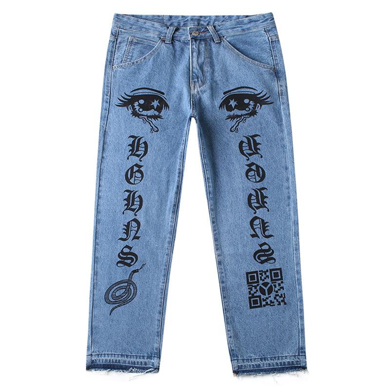 Anime Print Jeans Denim Pants Ripped Jeans Straight-Leg Denim for men Autumn Clothing Ripped Denim Trousers
