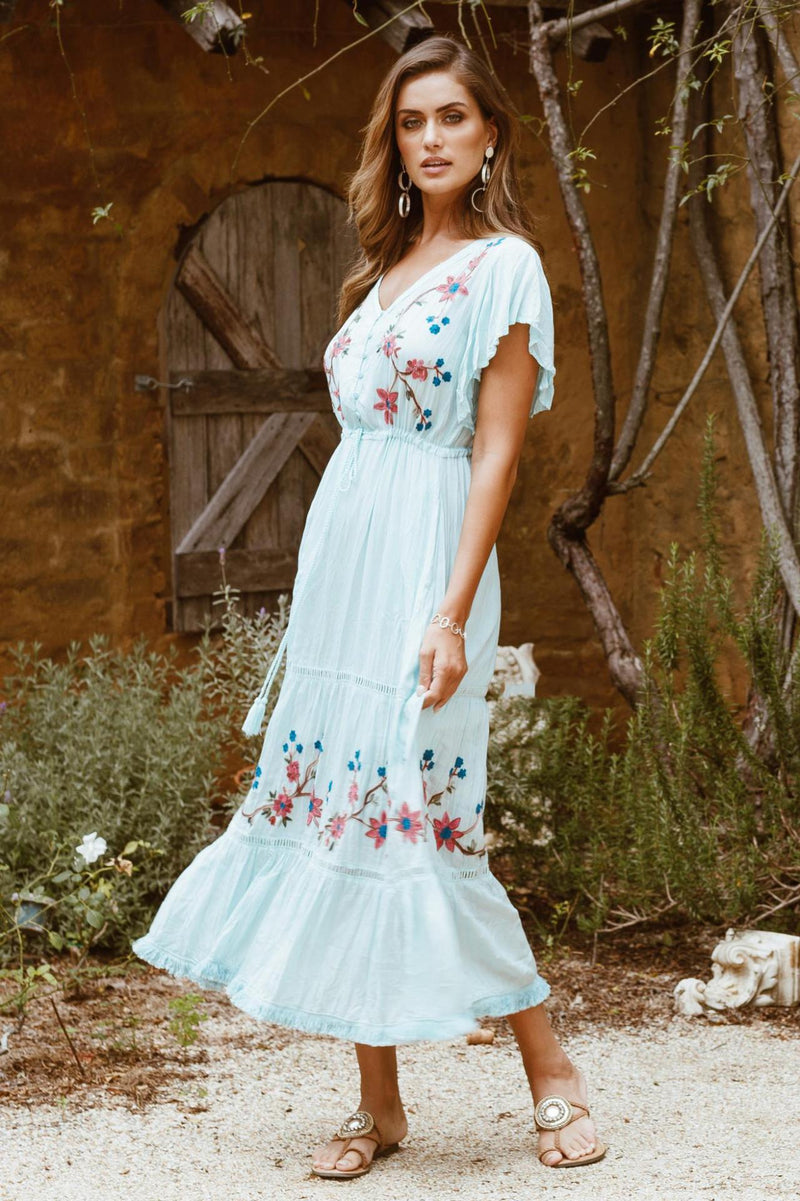 Bohemian V-neck Button Embroidered Flower Drawstring Lace up Holiday Dress