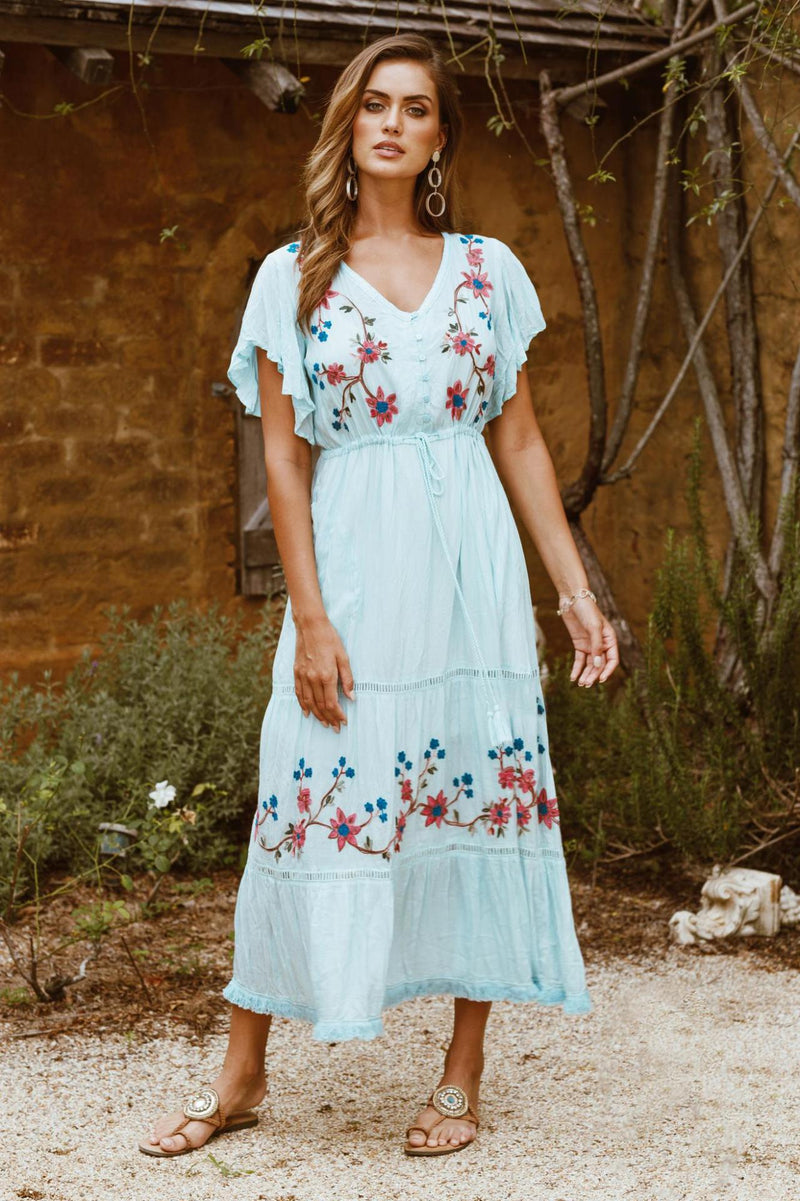 Bohemian V-neck Button Embroidered Flower Drawstring Lace up Holiday Dress