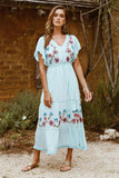 Bohemian V-neck Button Embroidered Flower Drawstring Lace up Holiday Dress