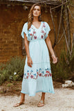 Bohemian V-neck Button Embroidered Flower Drawstring Lace up Holiday Dress