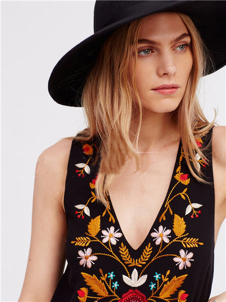 Ethnic Style Color Embroidered Sleeveless V-neck Embroidered Dress