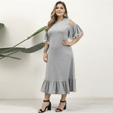 Women Plus Size Maxi Dresses Gray Vintage Loose Lace Outfit Casual Dress