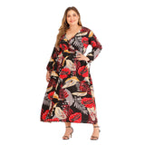 Women plus Size Dresses Fashion Sexy V-neck Mid-Length Casual Printed Long Sleeve Dress