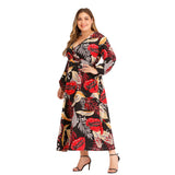 Women plus Size Dresses Fashion Sexy V-neck Mid-Length Casual Printed Long Sleeve Dress