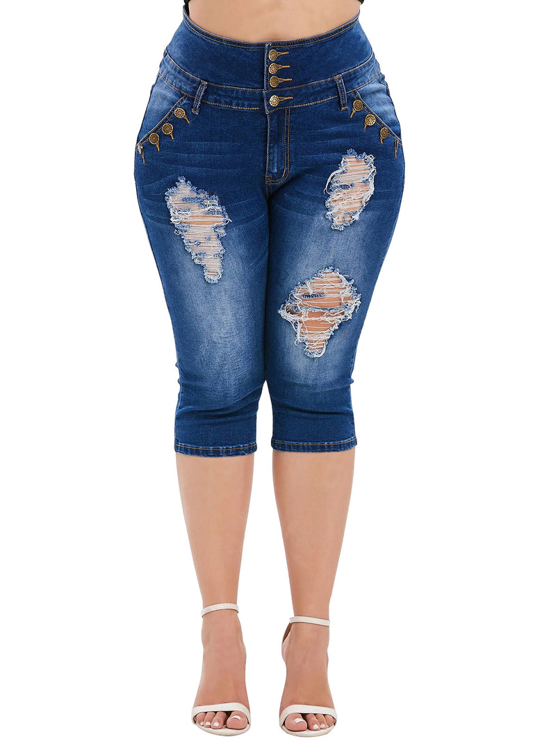 Women Plus Size Jeans Slim Fit Stretch Ripped High Waist Denim Shorts
