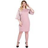 Women Plus Size Midi Dresses Autumn Crew Neck Pink Dress Lace Sleeve