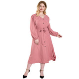 Women Plus Size Maxi Dresses Autumn Pink Button Casual Long Sleeve Dress