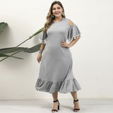 Women Plus Size Maxi Dresses Gray Vintage Loose Lace Outfit Casual Dress