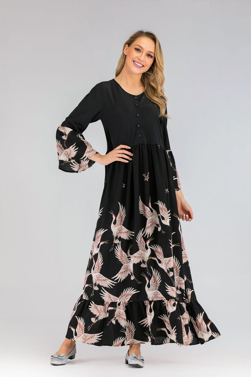 Muslim Women Stylish Kashibo Abaya Muslim Ladies Long Gown Islamic Clothing Jilbab Jalabiya Fashion Print Long Sleeve Loose Casual Plus Size Dress