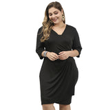 Women Plus Size MIDI Dressesv Collar Black Slim Fit Asymmetric Dress