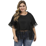 Women Plus Size Tops Black Lace Top Ruffle Sleeve Crew Neck Loose Slim Lace Shirt