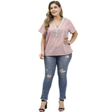 Women Plus Size Tops Spring and Summer Leisure T-shirt V-neck Ruffle Sleeve Pink Blouse