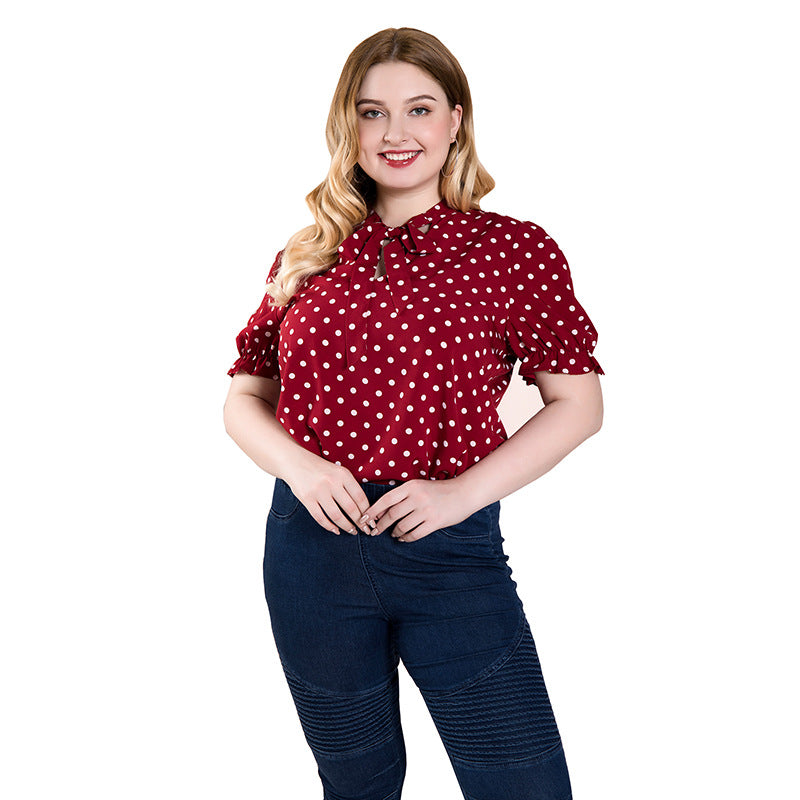 Women Plus Size Tops Red Polka Dot Top Simple Stand Collar Top