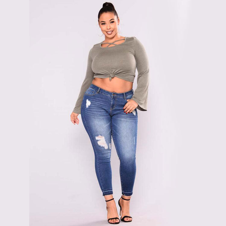 Women Plus Size Jeans Ripped Ankle-Tied Jeans