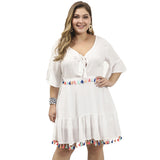 Women Plus Size Midi Dresses Ruffle Sleeve V-neck Tassel Dress