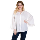 Women Plus Size Tops Long Sleeve Casual Tassel Bell Sleeve Top